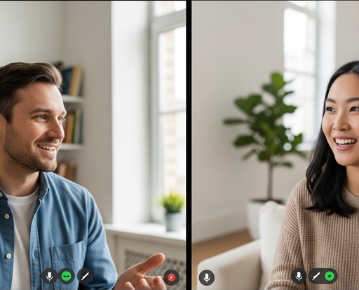 دو نفر در یک جلسه کوچینگ آنلاین که با لبخند در حال یک گفتگوی سازنده هستند